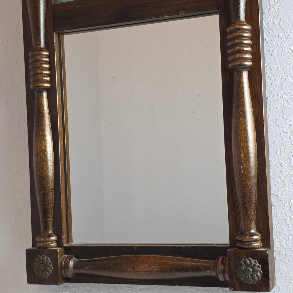 Vintage Rustic Wood Wall Mirror Scenic Duck Nature Print Spindle Frame Rosettes - Picture 10 of 16